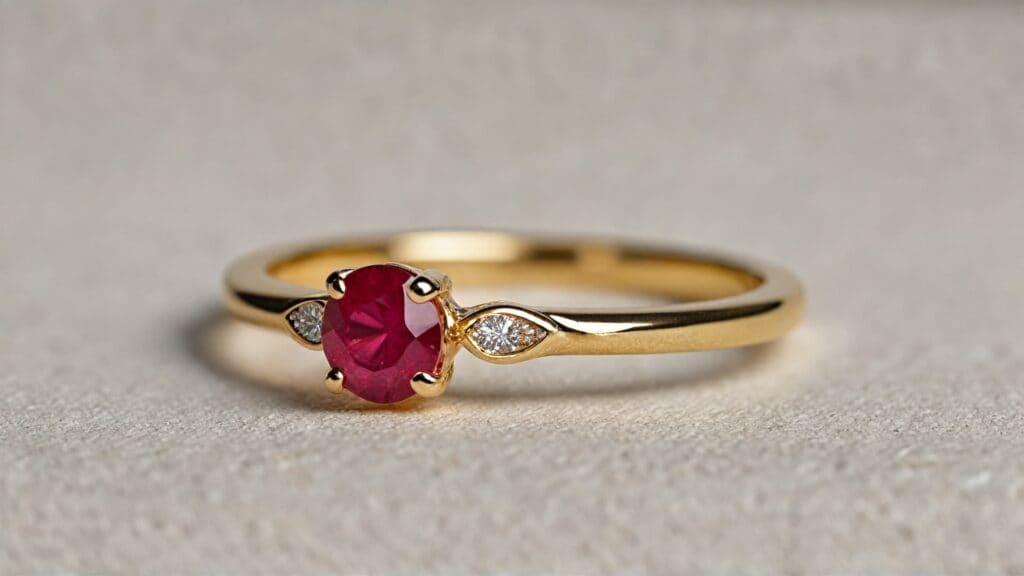 A delicate round ruby engagement ring in yellow gold, featuring a minimalist design with two small diamond accents on the band.