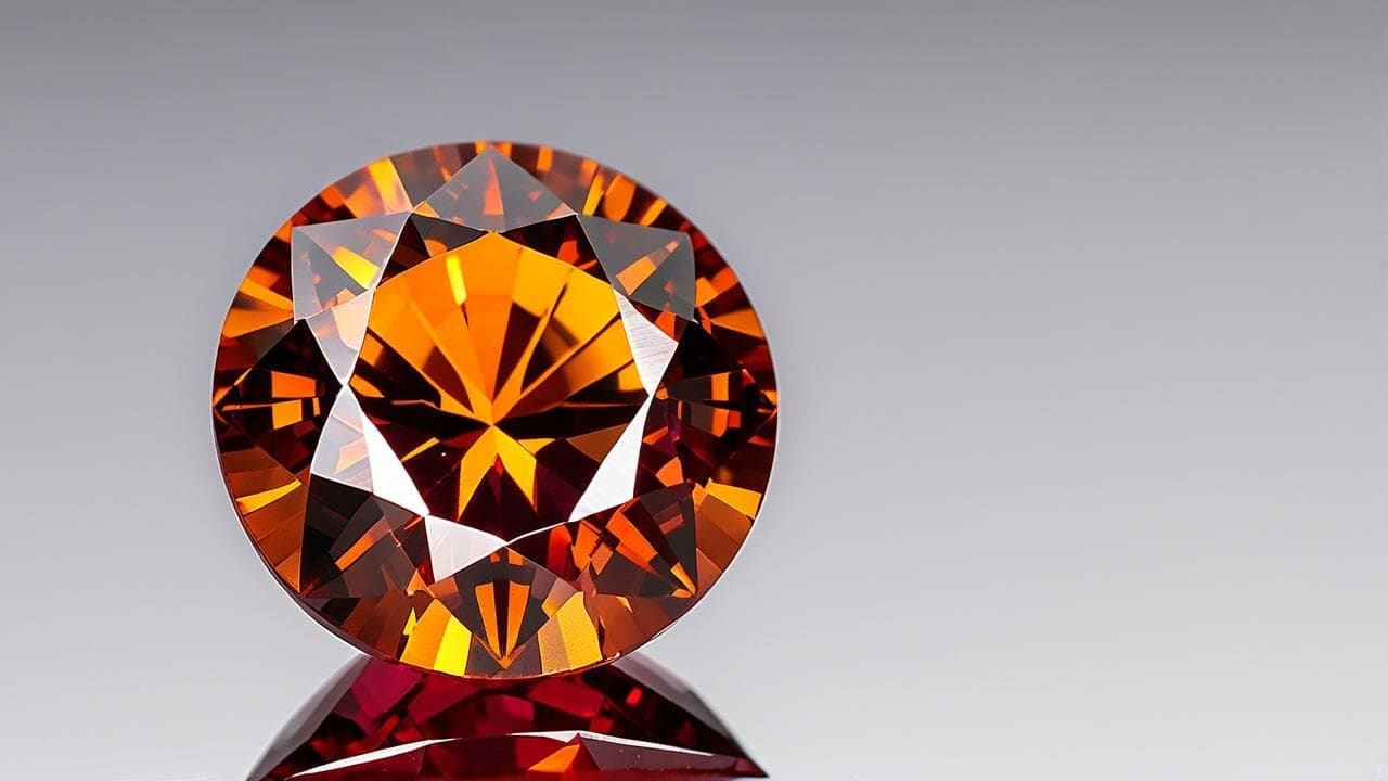 Round-cut spessartine garnet blazing orange on a grey background