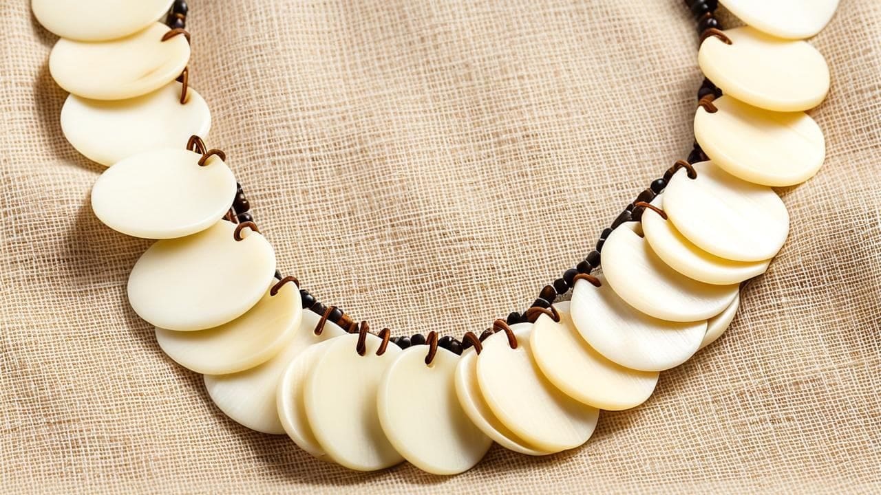 Necklace of overlapping cream tagua nut discs strung on cord over burlap