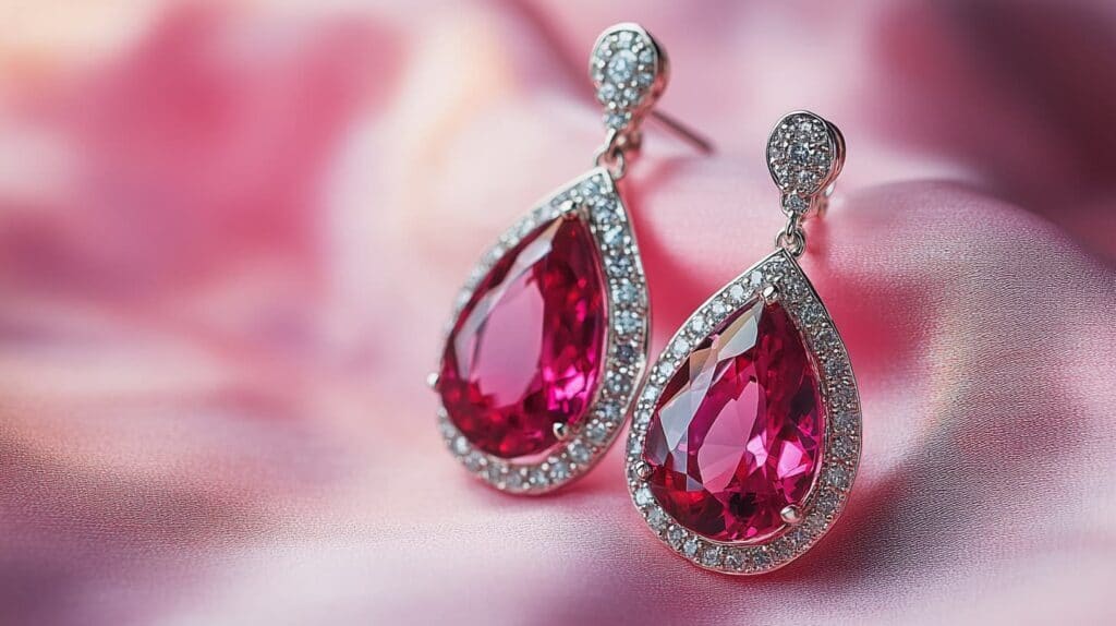 Pair of elegant Rubellite and diamond halo drop earrings on a soft pink satin background, showcasing vivid pink-red gemstones surrounded by sparkling diamonds.
