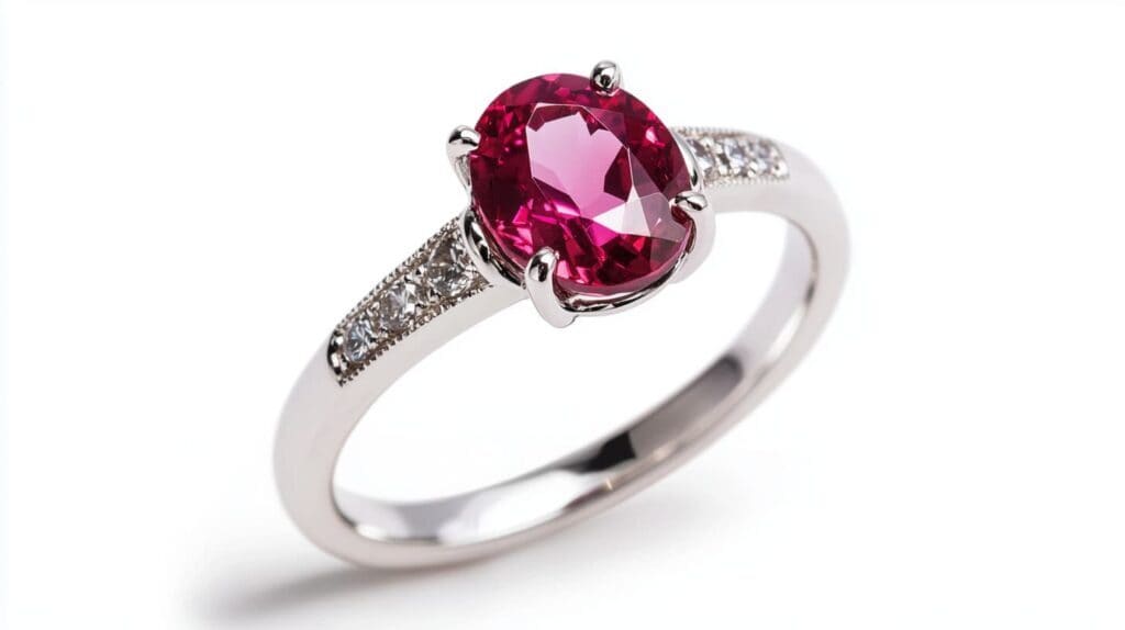 Beautiful Rubellite and diamond ring with an oval-cut vivid pink-red gemstone in a silver setting, designed for fine jewelry enthusiasts.
