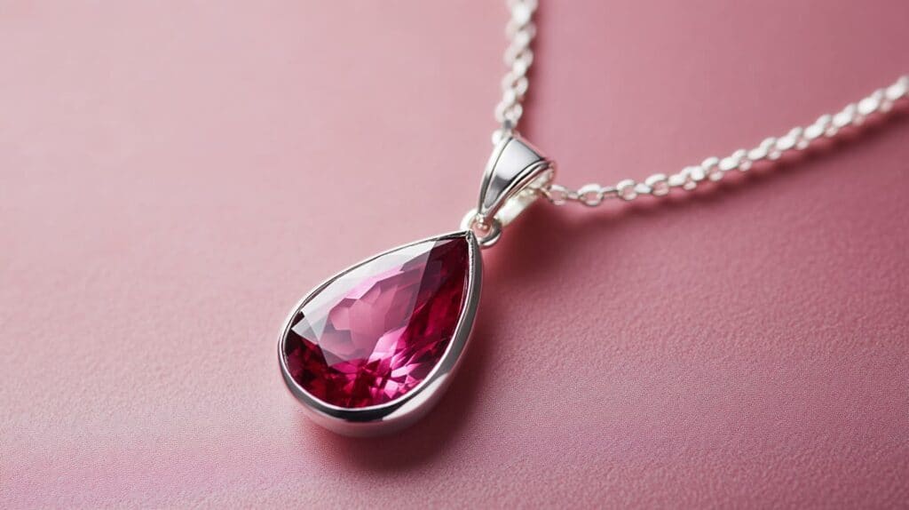Stunning teardrop-shaped Rubellite pendant set in polished silver on a delicate chain, displayed on a soft pink background.