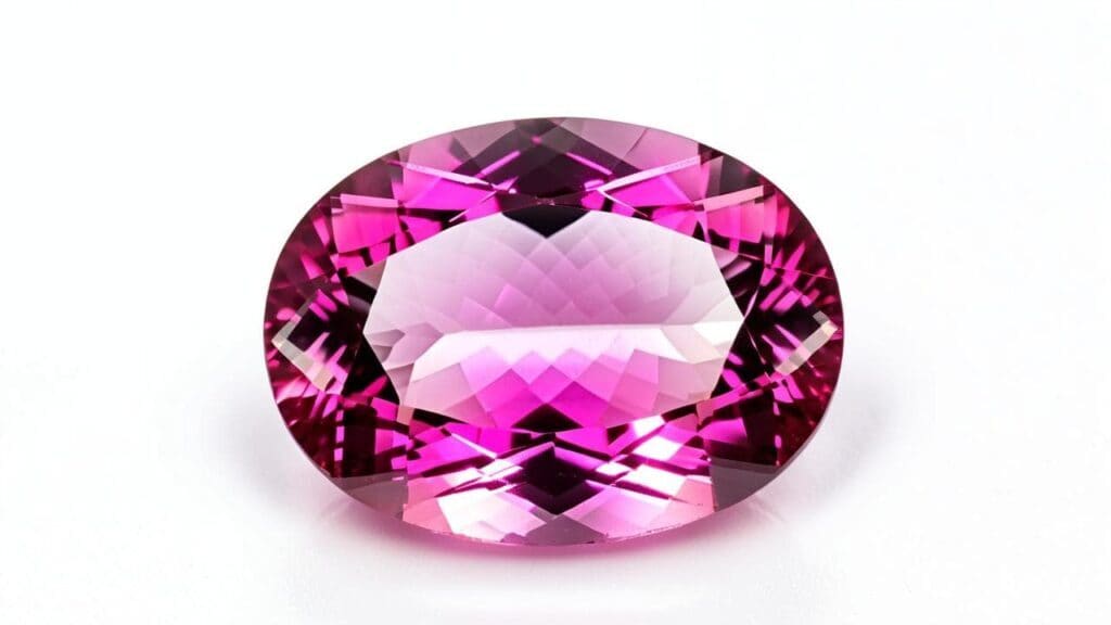 Oval-cut pink rubellite tourmaline gemstone with vivid saturation and high clarity.
