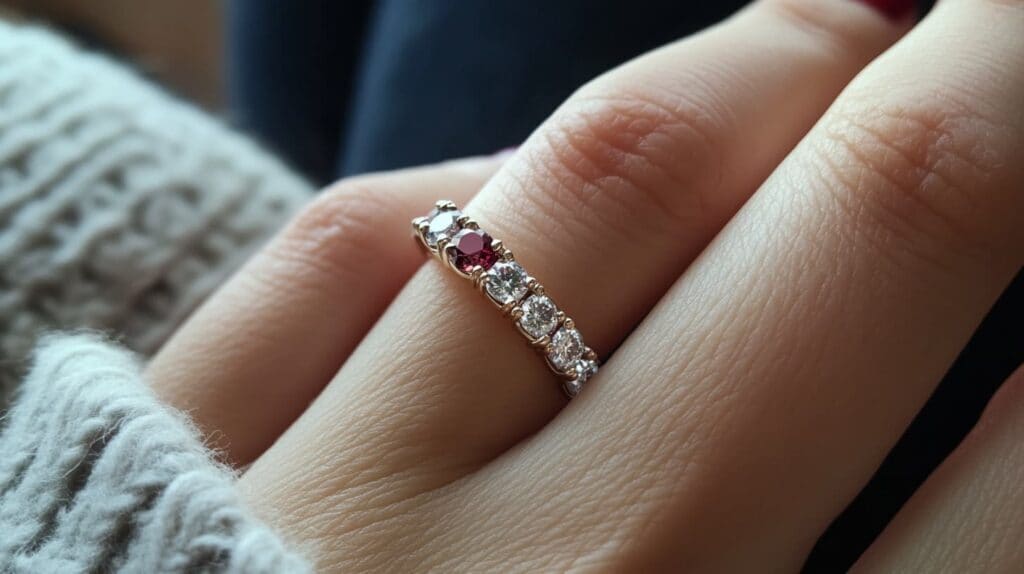 Ruby and diamond eternity ring for July, showcasing a vibrant red ruby among sparkling diamonds, symbolizing passion and protection.