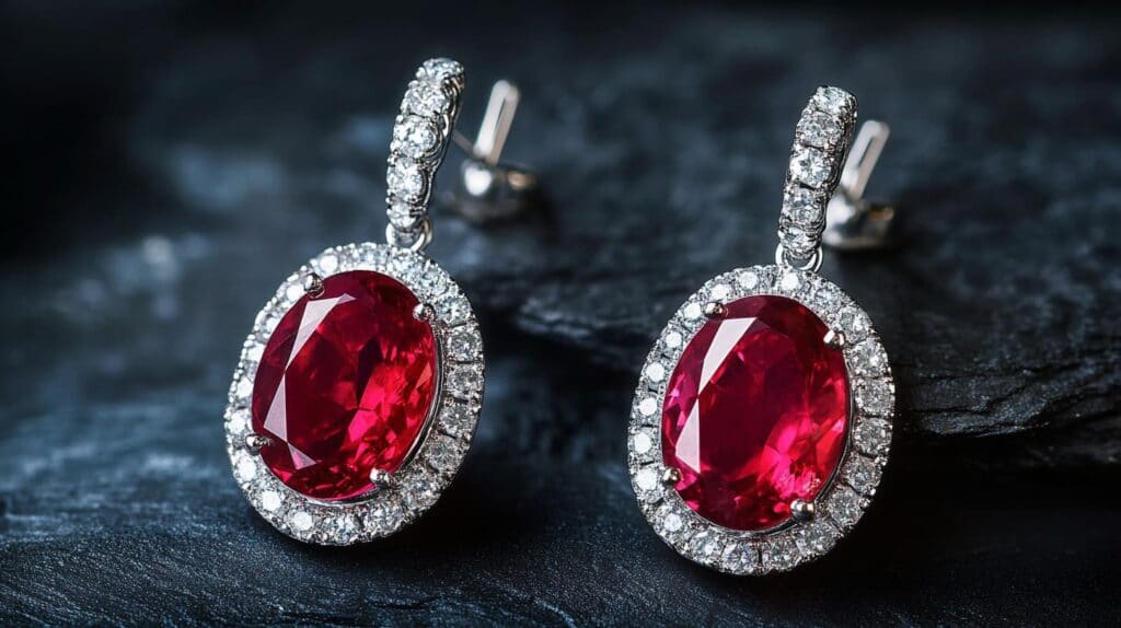 Pair of luxury ruby and diamond oval earrings, showcasing vivid red rubies encircled by brilliant-cut diamonds for a sophisticated look.