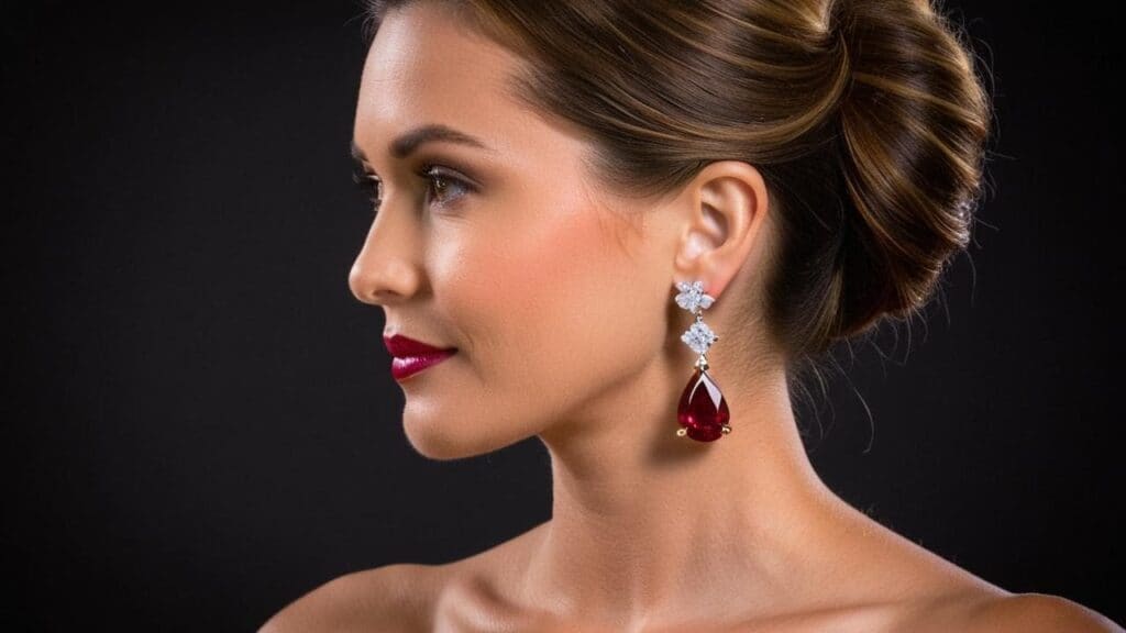 Elegant woman wearing ruby and diamond drop earrings with an updo, ideal for a formal black-tie event