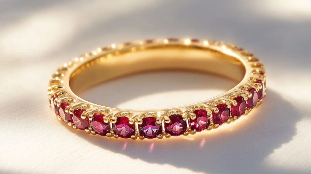 Close-up of a ruby eternity band set in yellow gold, showcasing vivid red gemstones in a shared-prong setting under natural sunlight.