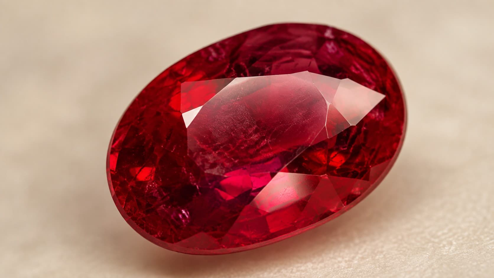 Close-up of a deep red oval cut ruby gemstone