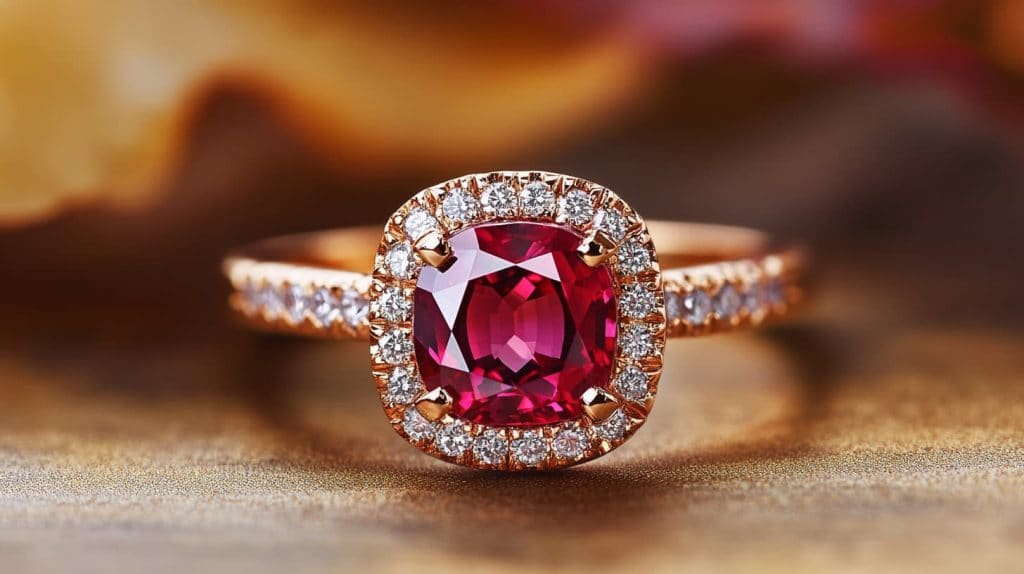 Close-up of a ruby halo engagement ring in a rose gold setting, accented with small diamonds and featuring a vivid red gemstone as the centerpiece.