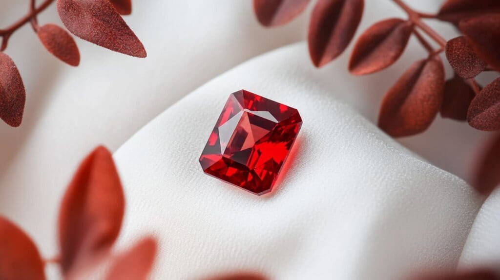 A radiant-cut ruby precious gemstone with a deep red hue, elegantly placed on white fabric with decorative red leaves.