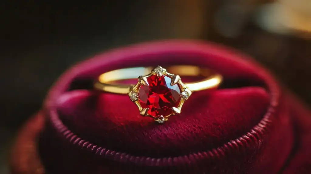 Elegant ruby ring displayed in a red velvet box, a luxurious Mother's Day jewelry gift.