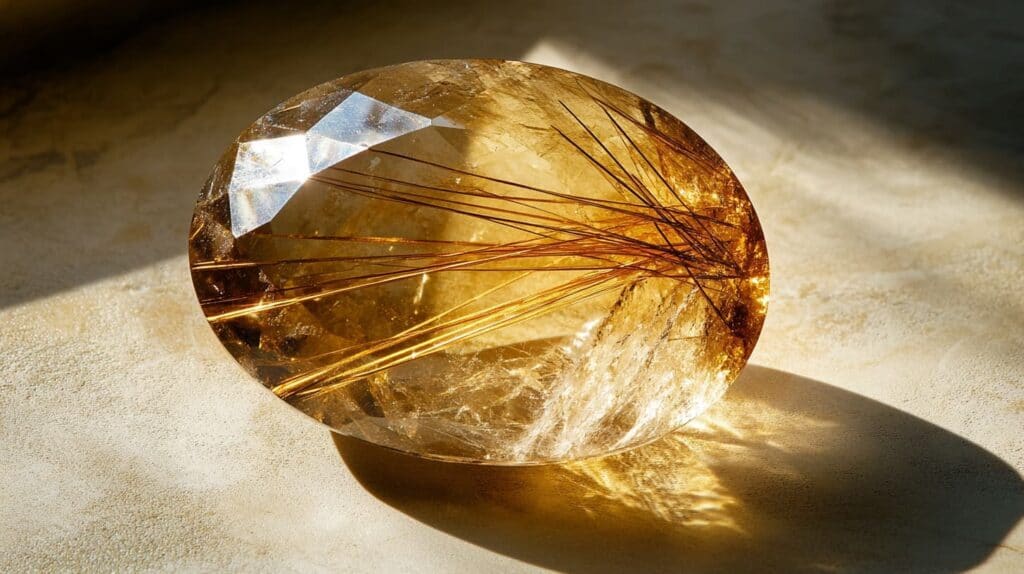 Oval-cut rutilated quartz with golden needle-like inclusions, radiating warmth and intricate natural patterns under sunlight.