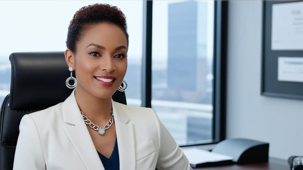 Woman demonstrating safe jewelry practices in office with secure earring backs and properly fitted chain necklace following workplace jewelry safety guidelines