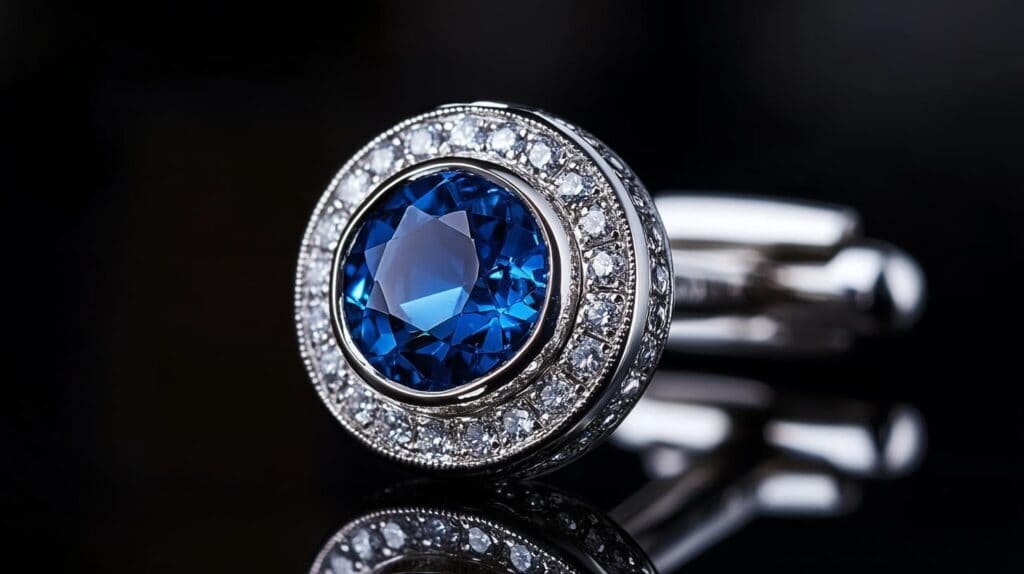 A luxurious white gold cufflink featuring a deep blue sapphire center surrounded by sparkling diamonds, reflecting elegance and sophistication.