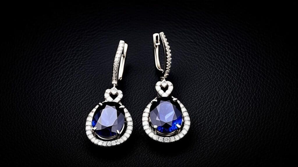 Close-up of sapphire and diamond drop earrings on black leather background, perfect for luxury black-tie events