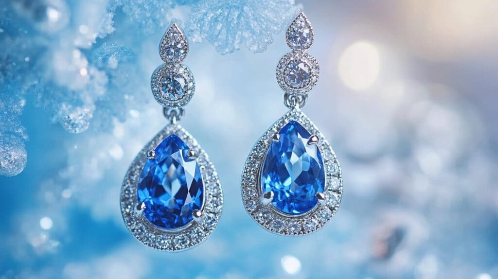 Elegant sapphire and diamond teardrop earrings set in white gold, displayed against an icy winter background.