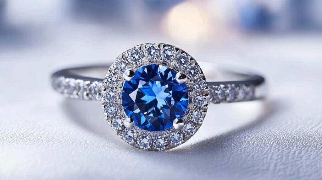 Stunning sapphire engagement ring with a diamond halo setting on a platinum band, shining under soft light.