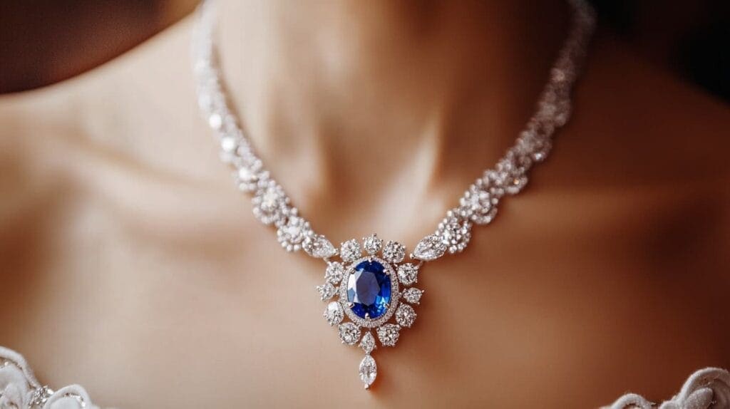 Ornate necklace featuring a blue sapphire centerpiece surrounded by diamonds, exemplifying luxury and expert craftsmanship in fine jewelry.