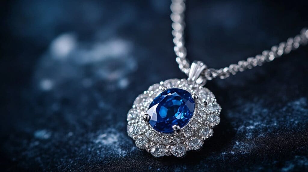 Elegant sapphire and diamond pendant necklace, featuring a vivid blue sapphire surrounded by sparkling diamonds, symbolizing timeless luxury.