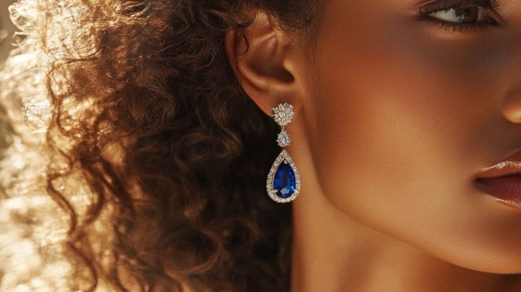 Sapphire drop earrings for September, adorned with diamonds, symbolizing wisdom and nobility.