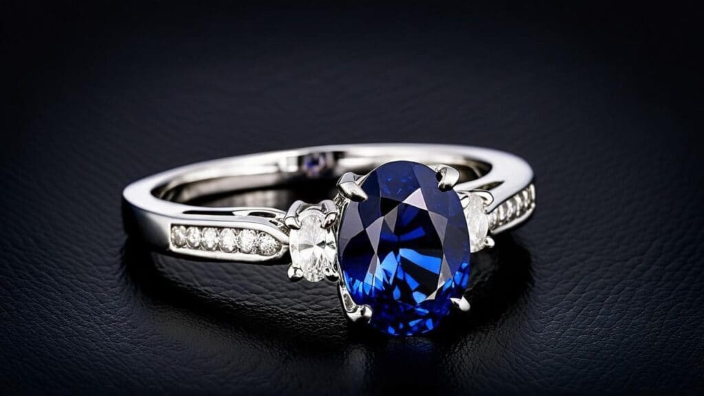 A stunning blue sapphire engagement ring with diamond accents, set in a white gold band for a sophisticated and royal-inspired look.