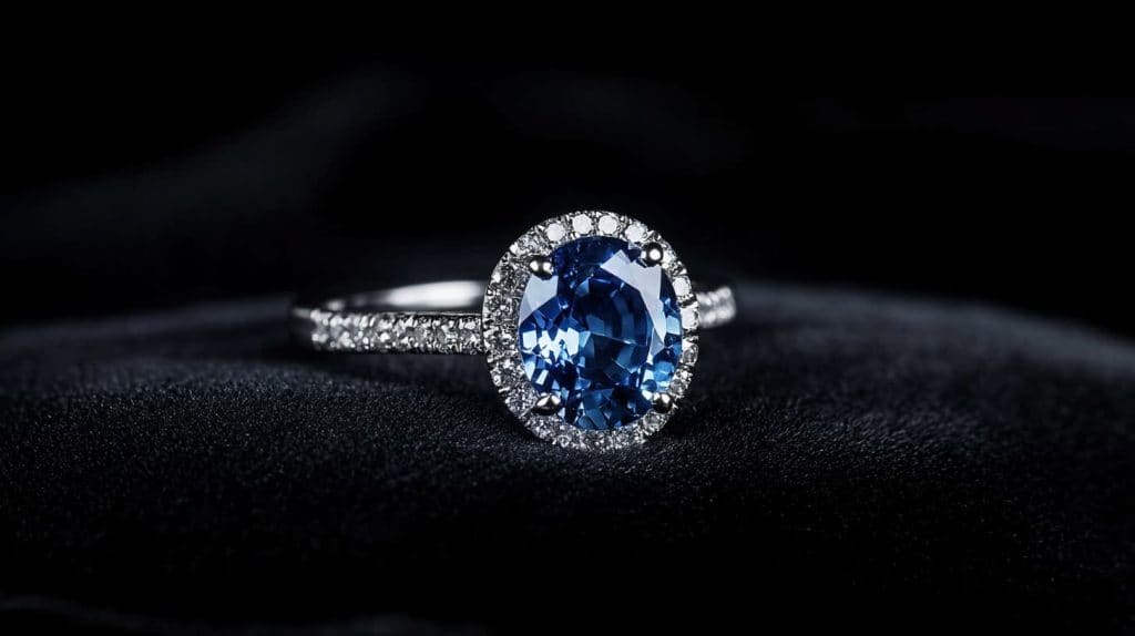 A stunning sapphire engagement ring featuring an oval blue sapphire centerpiece surrounded by a diamond halo, set on a silver band with additional diamonds.