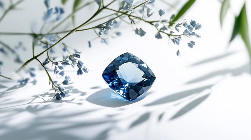 A vibrant blue sapphire gemstone displayed on a white surface with floral accents, emphasizing its brilliance and the importance of proper cleaning techniques.