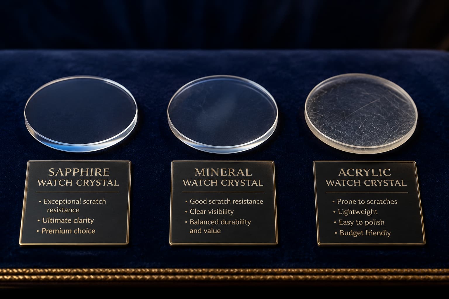 Close-up of sapphire, mineral, and acrylic watch crystal glass samples side by side showing clarity and scratch differences