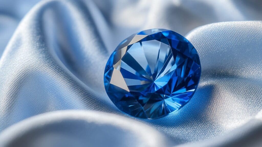 A brilliant blue sapphire precious gemstone resting on soft blue silk, emphasizing its vibrant hue and flawless cut.