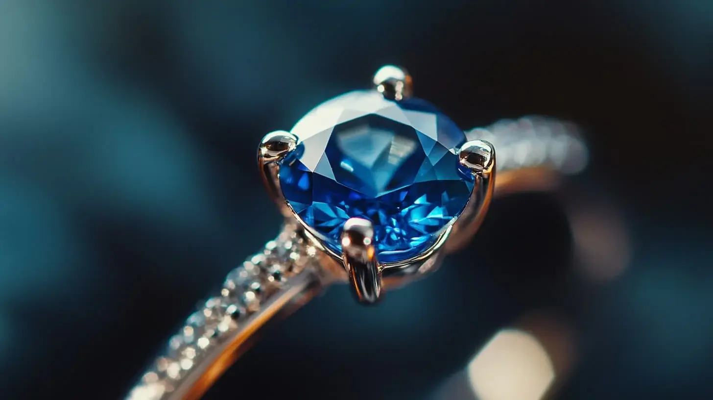 Close-up of a gold ring with a round blue sapphire in four prongs and a pave band