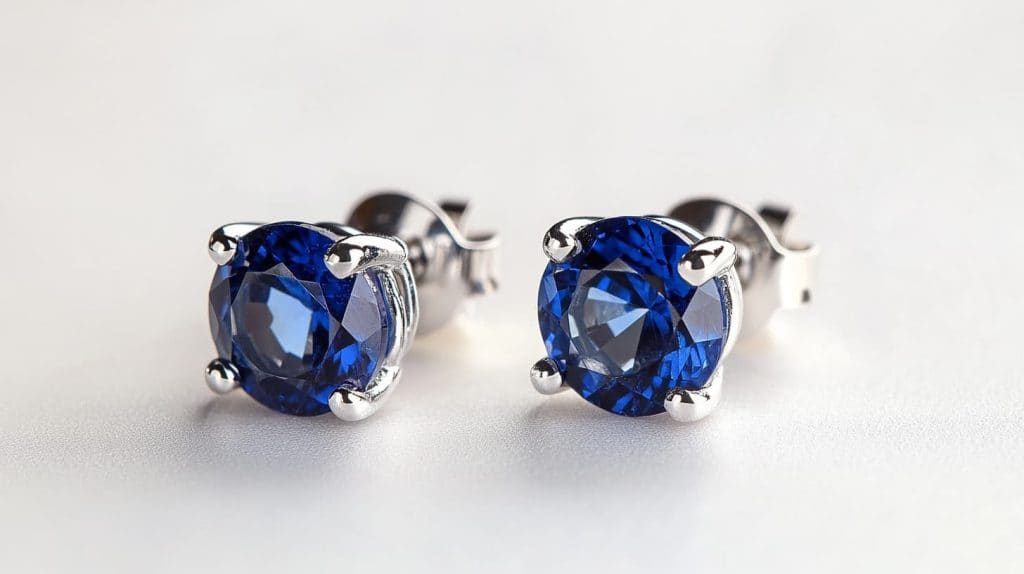 Pair of sapphire stud earrings with vibrant blue gemstones set in a classic four-prong setting, perfect for adding a pop of color to any outfit.