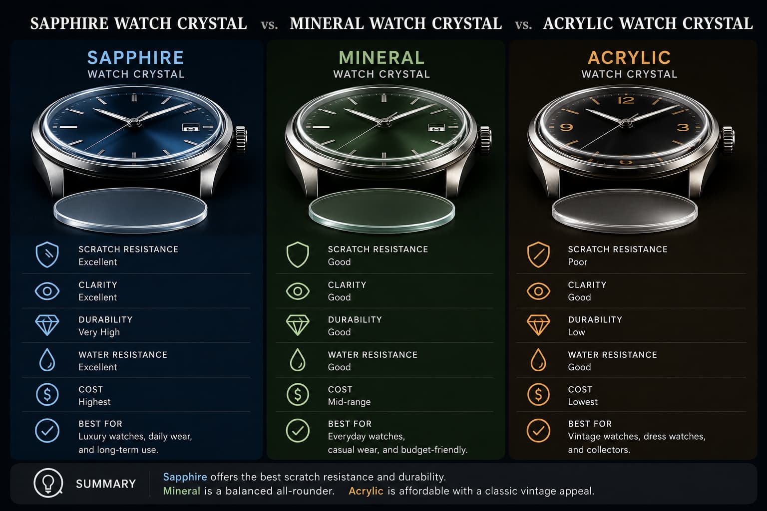 Sapphire vs. Mineral vs. Acrylic Watch Crystals: What's the Difference?