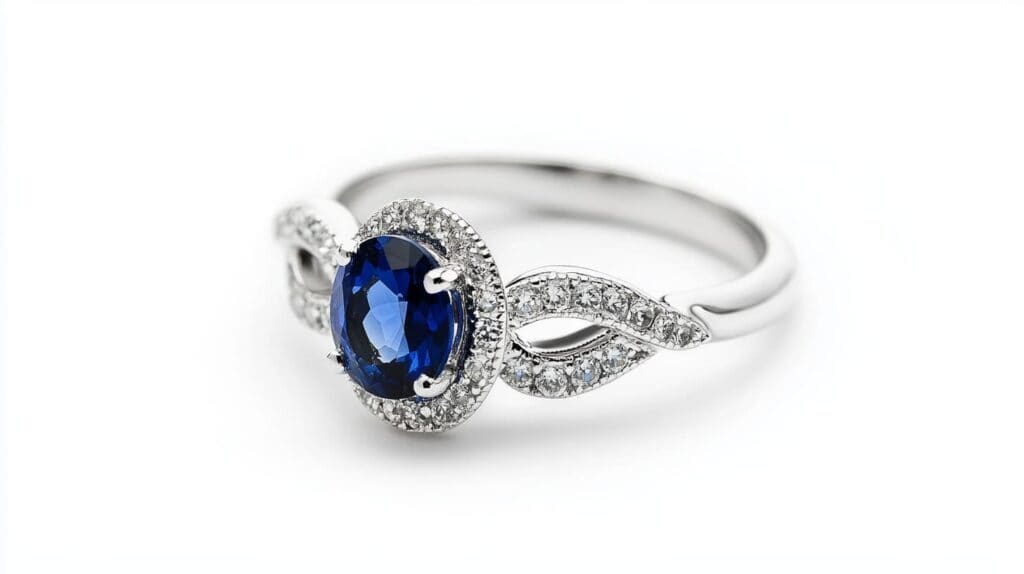 A sapphirine ring featuring an oval blue sapphirine centerpiece surrounded by diamond accents, set in an elegant silver band.