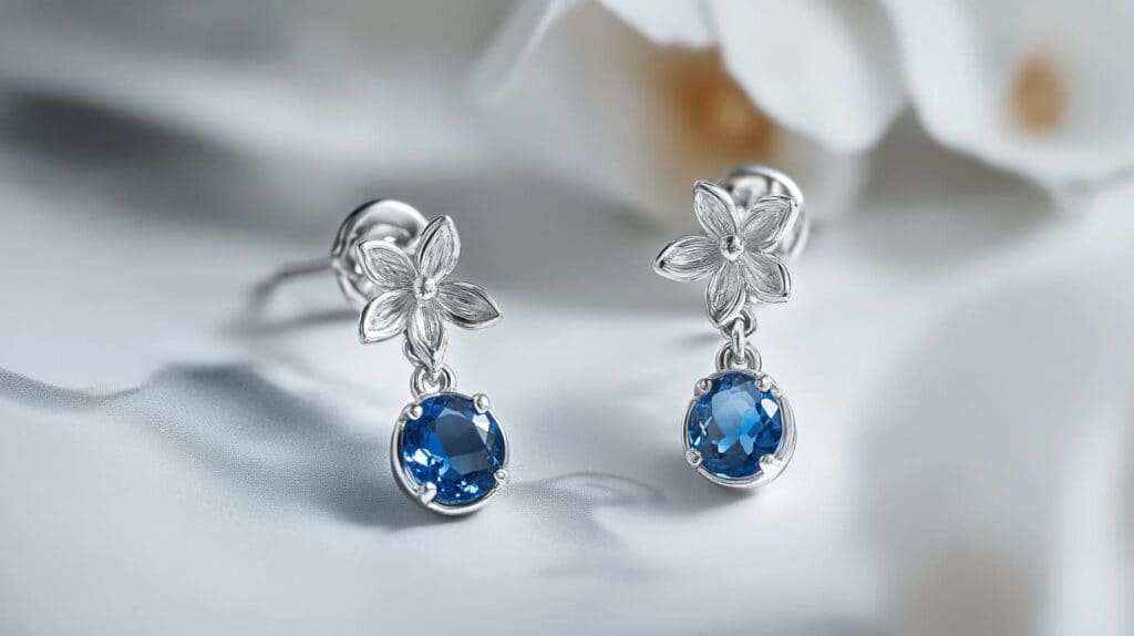 A pair of earrings featuring rare blue sapphirine gemstones with delicate silver flower-shaped settings, displayed on a soft white surface.