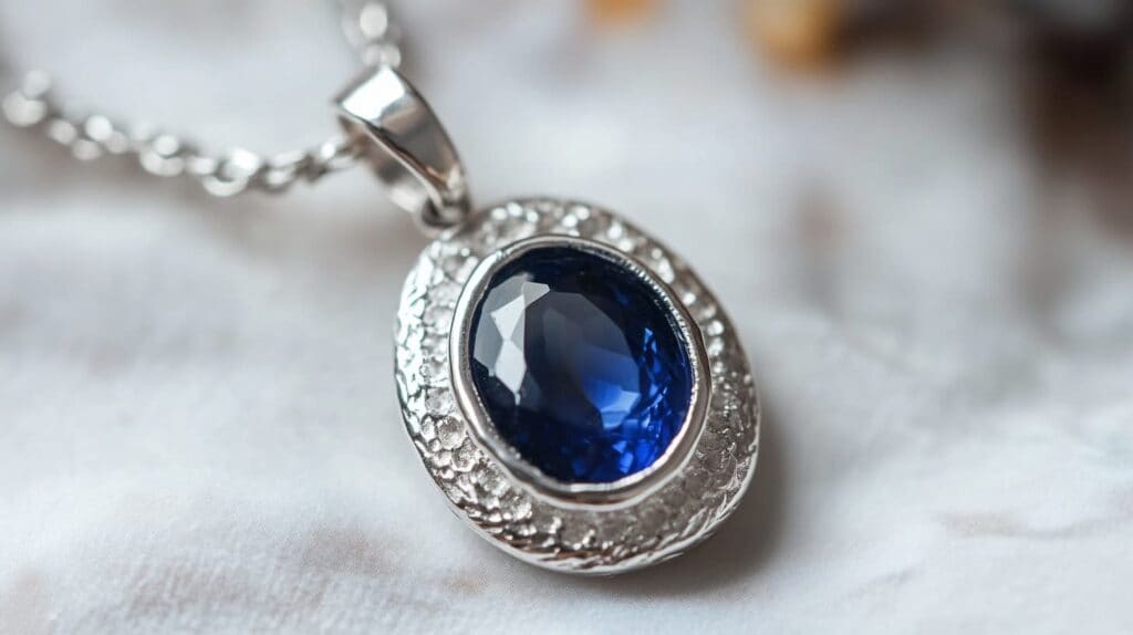 A close-up of a rare sapphirine gemstone pendant set in a silver design, displayed on a delicate chain against a soft background.
