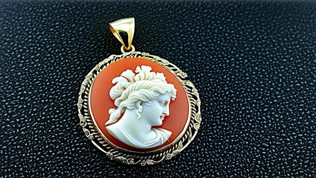 Red sardonyx-style cameo pendant with a white female relief portrait and ornate gold border