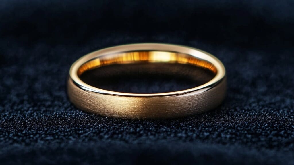 A brushed satin gold wedding band, offering a modern and minimalist take on traditional wedding rings.