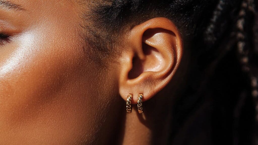 Close-up of minimalist gold hoop earrings as part of Scandinavian autumn jewelry collection.