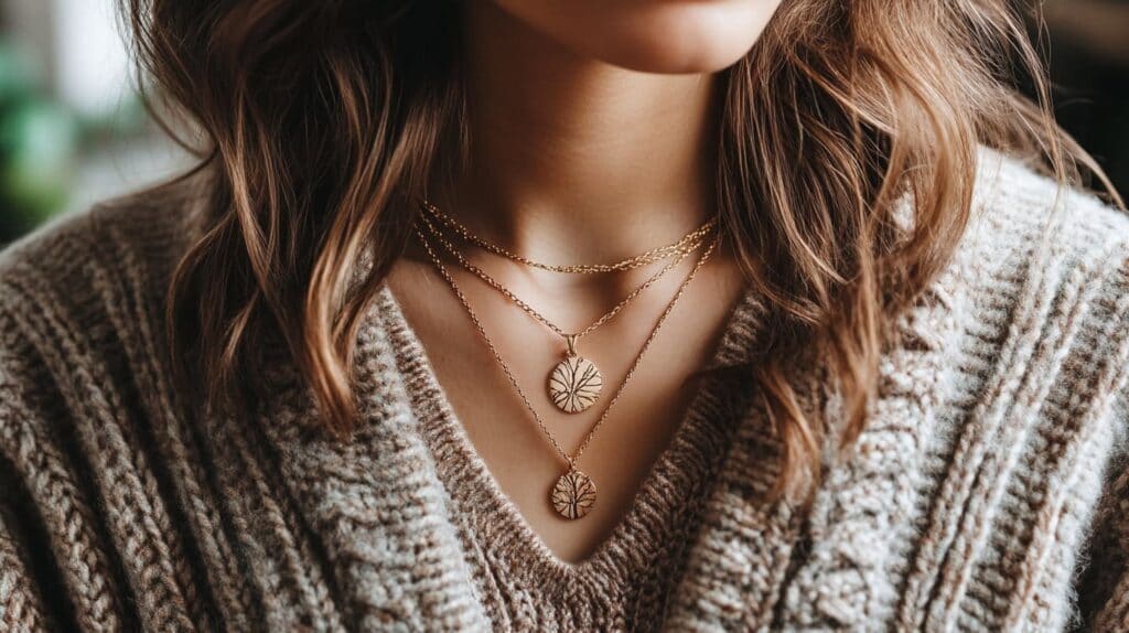 Layered gold necklaces with tree motifs styled with a cozy sweater, embodying Scandinavian autumn jewelry aesthetics.