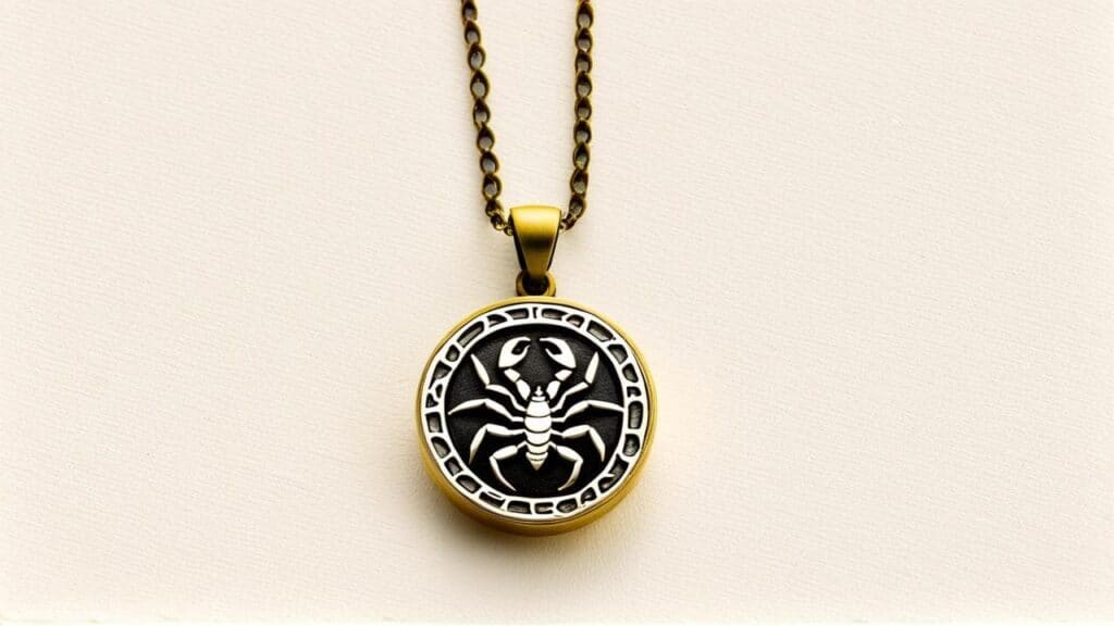 Vintage-inspired Scorpio medallion pendant with detailed scorpion motif on antique bronze chain