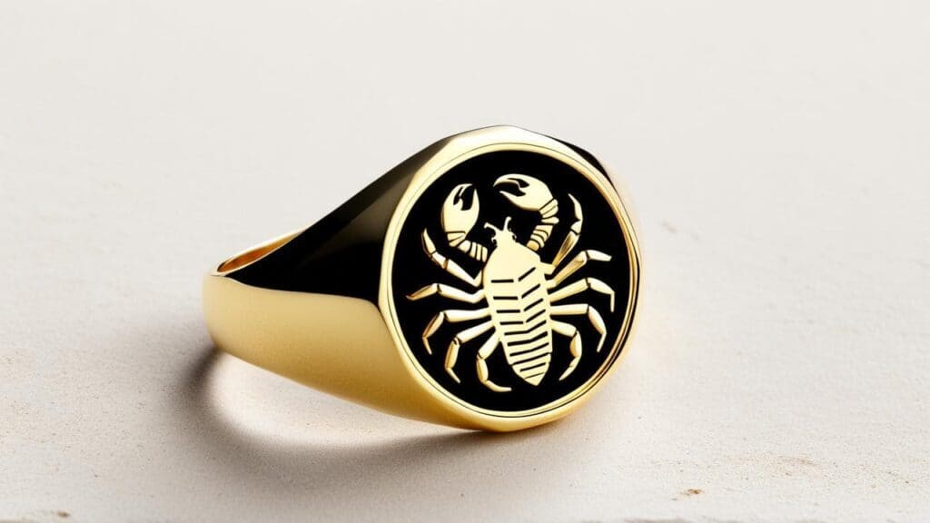 Gold signet ring with detailed scorpion design in black enamel, showcasing the classic Scorpio symbol