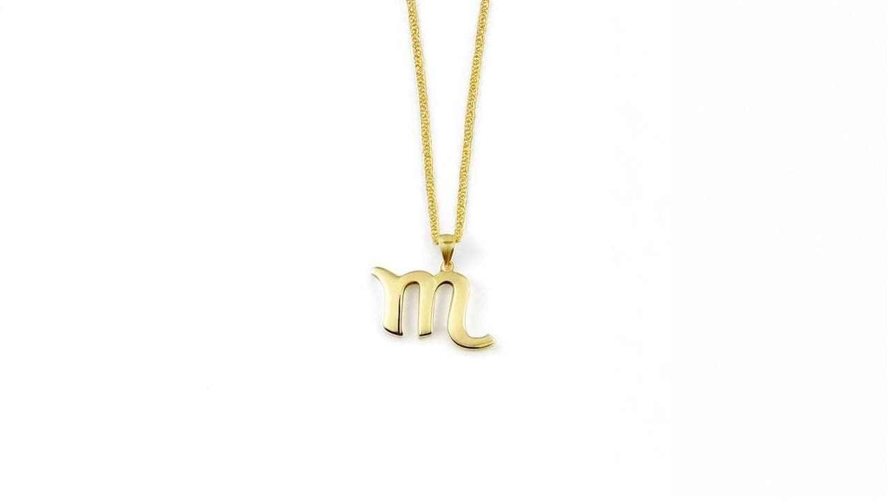 Gold Scorpio glyph pendant on a rope chain against white