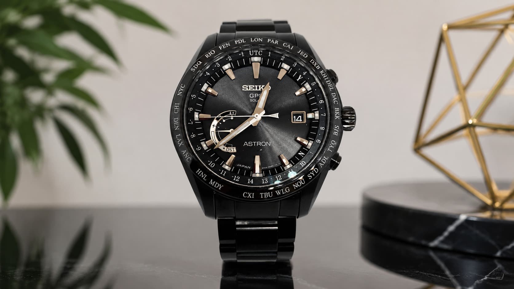 Black Seiko Astron GPS Solar world time watch with city name bezel and DST indicator
