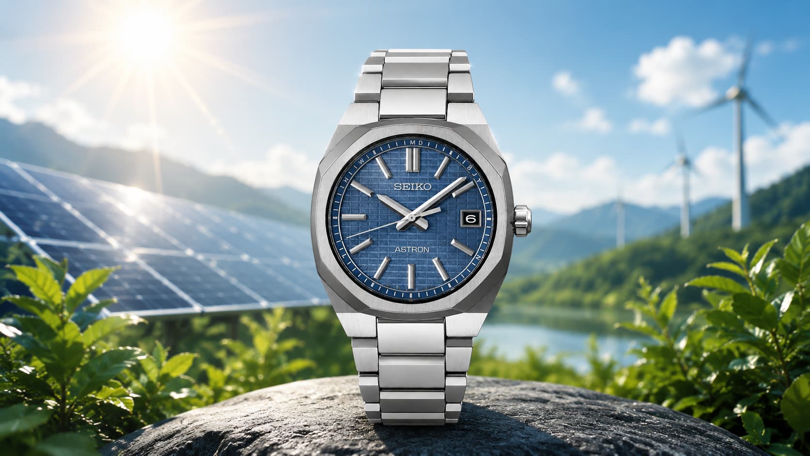 Seiko Astron solar-powered watch with blue dial next to solar panels and wind turbines