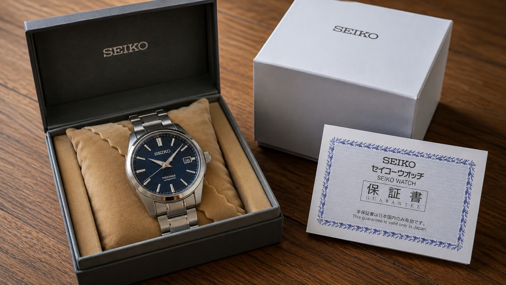 Seiko Presage watch in its original box next to the printed warranty card