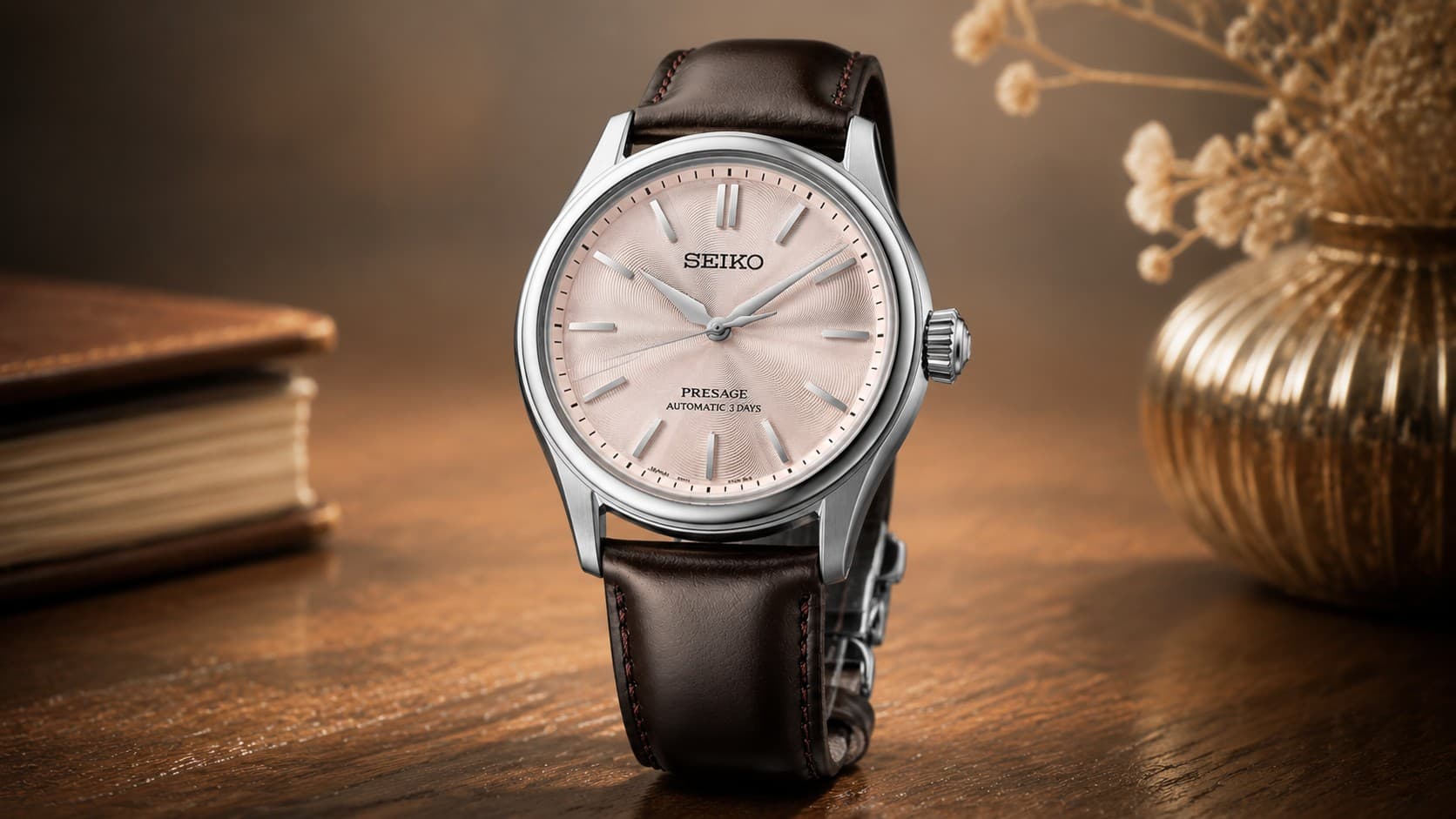 Seiko Presage Classic 38mm automatic watch with pink dial and brown leather strap