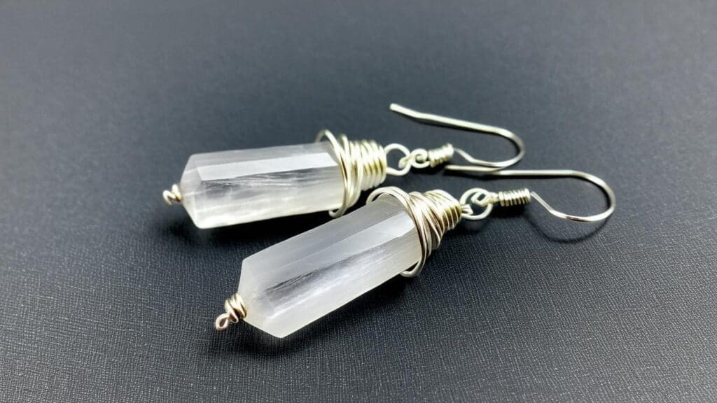 Wire-wrapped selenite crystal earrings with silver hooks on black background