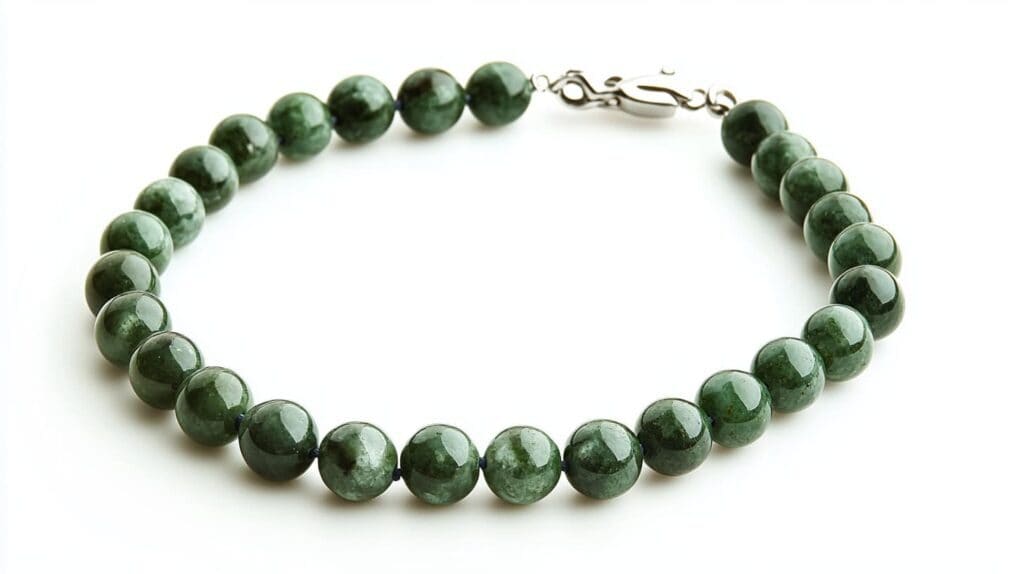 A serpentine beaded bracelet made of round, polished green serpentine stones with a silver clasp, showcasing the stone's smooth texture and deep green color.