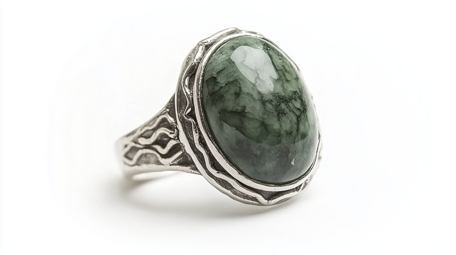 Silver ring with an oval mottled green serpentine cabochon