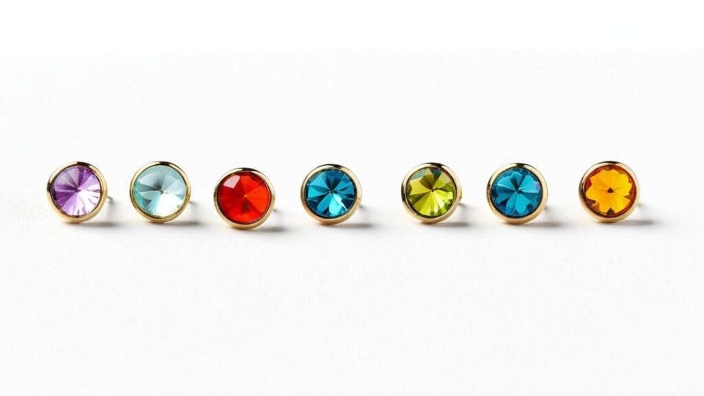 Set of six round faceted glass stud earrings in various vibrant colors with gold settings lined up on a white surface.